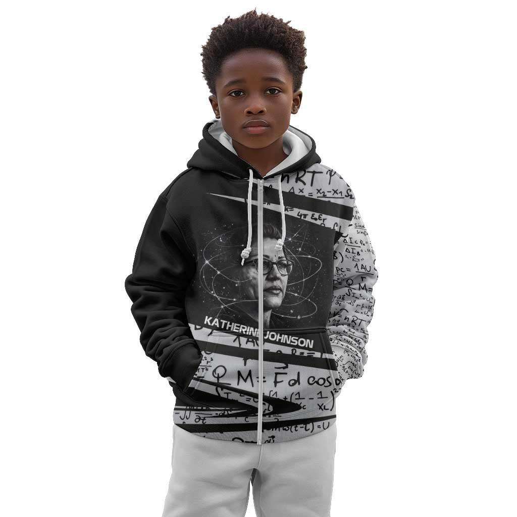 Katherine Johnson Kid Hoodie with Orbital Space Portrait, Historic NASA Launch Dates and Physics - Wonder Print Shop
