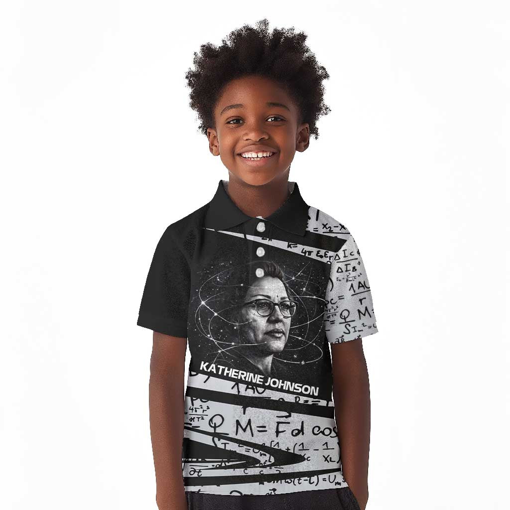 Katherine Johnson Kid Polo Shirt with Orbital Space Portrait, Historic NASA Launch Dates and Physics - Wonder Print Shop