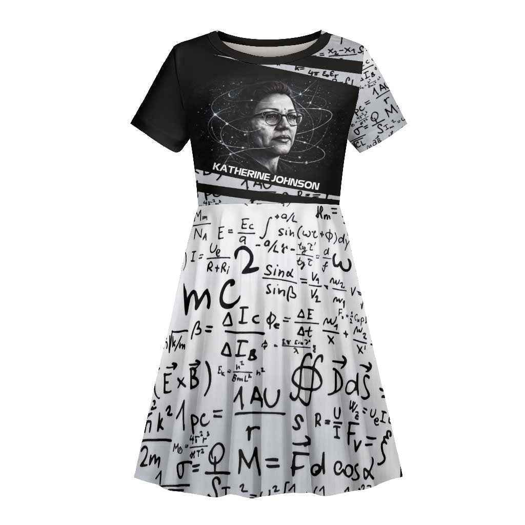 Katherine Johnson Kid Short Sleeve Dress with Orbital Space Portrait, Historic NASA Launch Dates and Physics - Wonder Print Shop