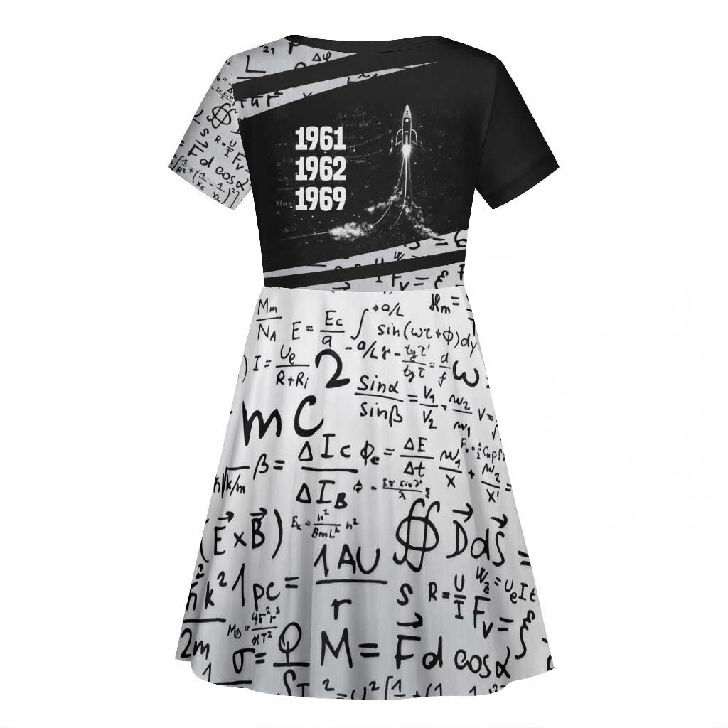 Katherine Johnson Kid Short Sleeve Dress with Orbital Space Portrait, Historic NASA Launch Dates and Physics - Wonder Print Shop