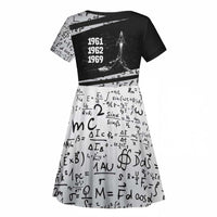 Katherine Johnson Kid Short Sleeve Dress with Orbital Space Portrait, Historic NASA Launch Dates and Physics - Wonder Print Shop