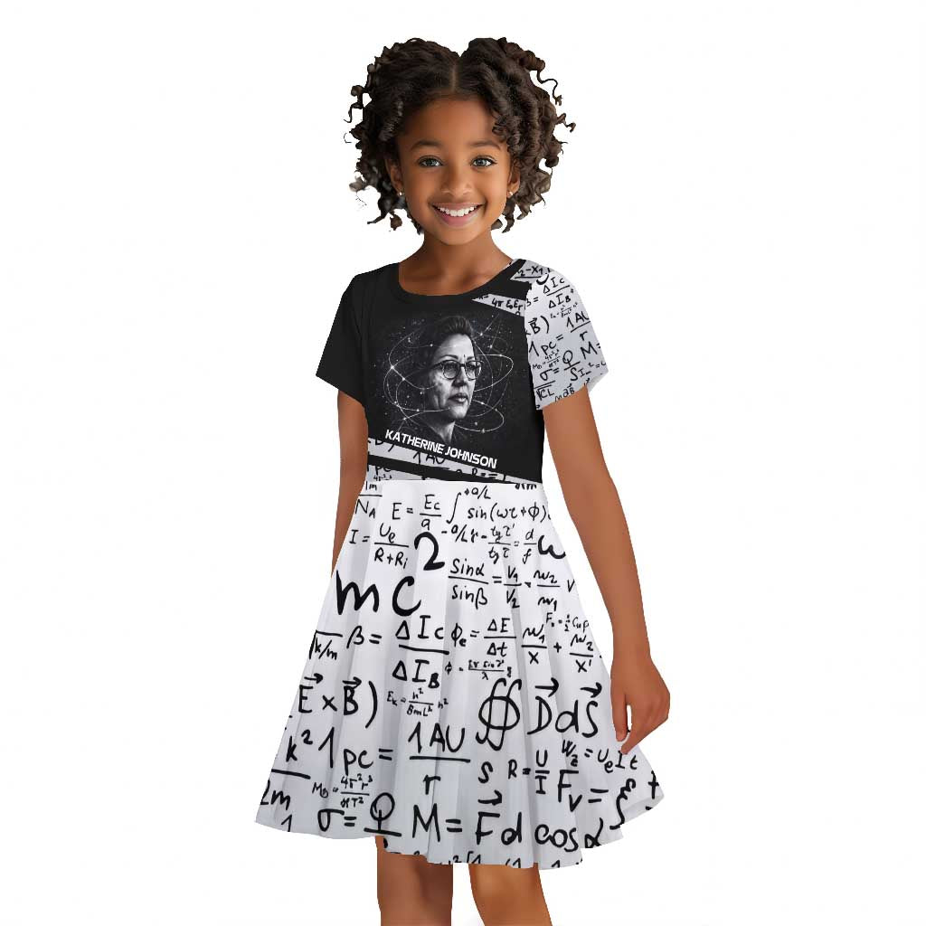 Katherine Johnson Kid Short Sleeve Dress with Orbital Space Portrait, Historic NASA Launch Dates and Physics - Wonder Print Shop