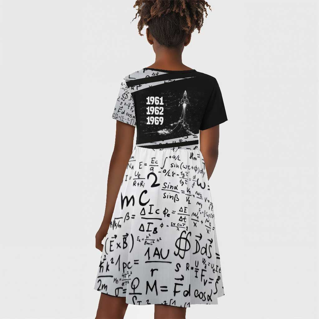 Katherine Johnson Kid Short Sleeve Dress with Orbital Space Portrait, Historic NASA Launch Dates and Physics - Wonder Print Shop