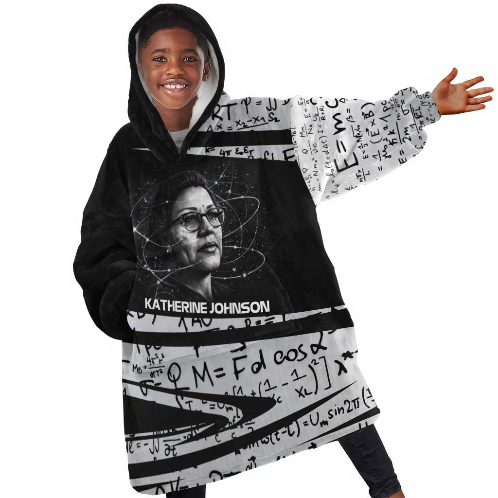 Katherine Johnson Kid Wearable Blanket Hoodie with Orbital Space Portrait, Historic NASA Launch Dates and Physics - Wonder Print Shop