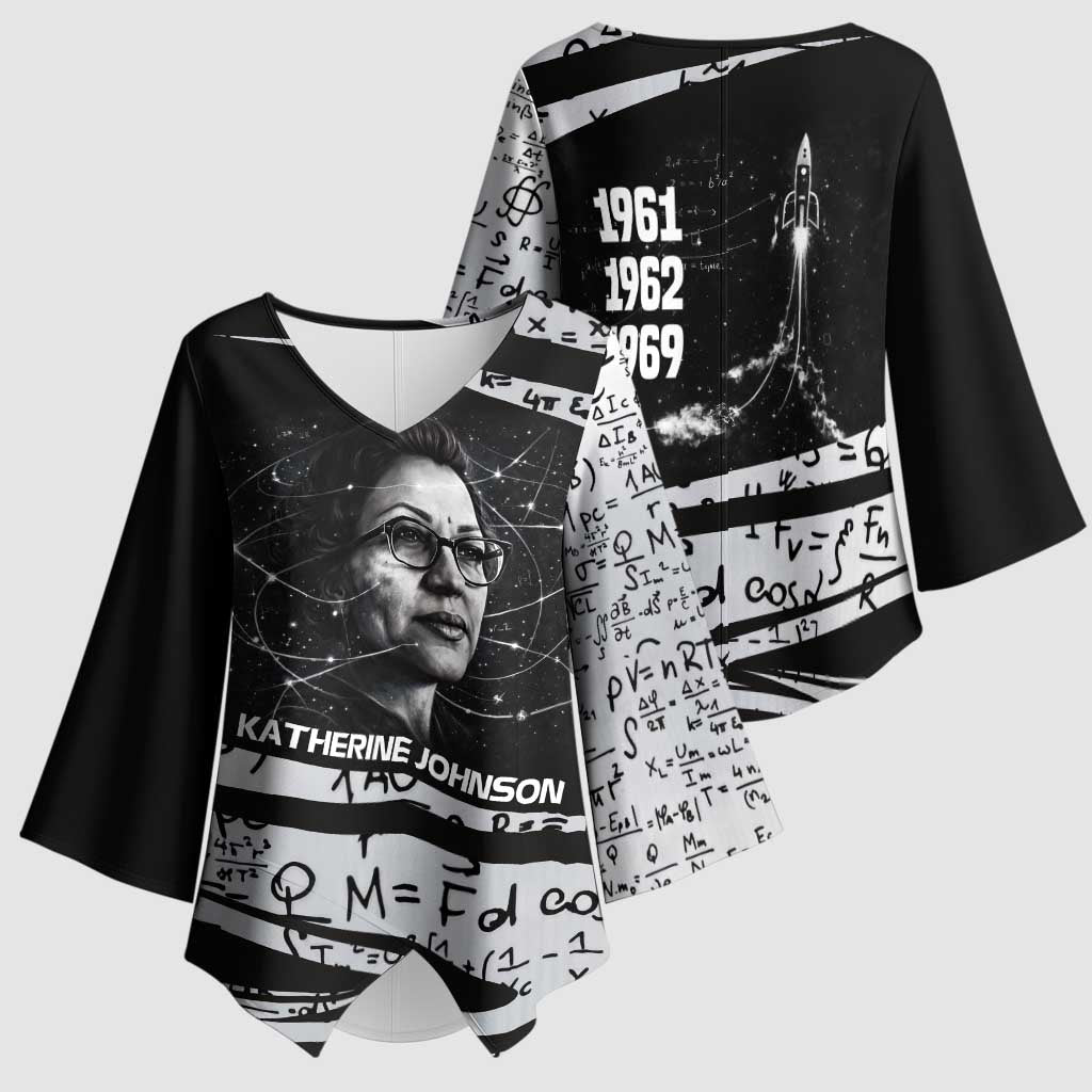 Katherine Johnson Kimono Sleeve Blouse with Orbital Space Portrait, Historic NASA Launch Dates and Physics - Wonder Print Shop