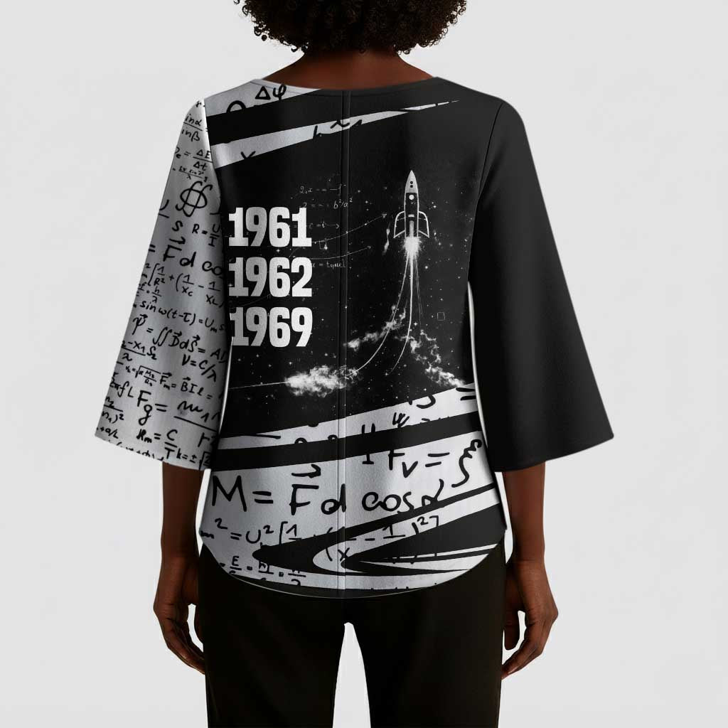 Katherine Johnson Kimono Sleeve Blouse with Orbital Space Portrait, Historic NASA Launch Dates and Physics - Wonder Print Shop