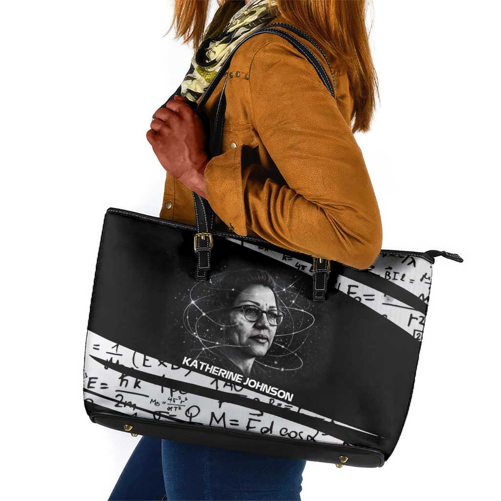 Katherine Johnson Leather Tote Bag with Orbital Space Portrait, Historic NASA Launch Dates and Physics - Wonder Print Shop
