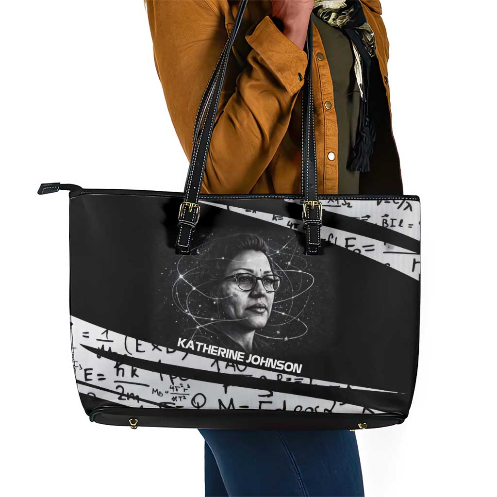Katherine Johnson Leather Tote Bag with Orbital Space Portrait, Historic NASA Launch Dates and Physics - Wonder Print Shop