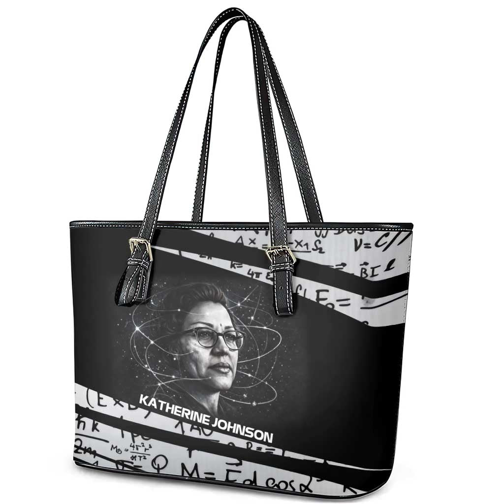 Katherine Johnson Leather Tote Bag with Orbital Space Portrait, Historic NASA Launch Dates and Physics - Wonder Print Shop