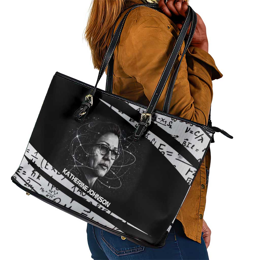 Katherine Johnson Leather Tote Bag with Orbital Space Portrait, Historic NASA Launch Dates and Physics - Wonder Print Shop