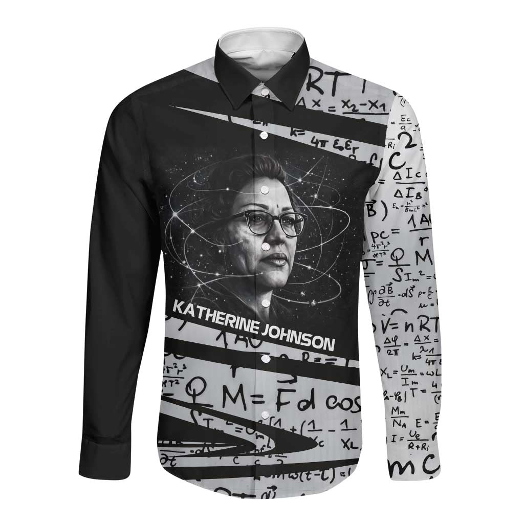 Katherine Johnson Long Sleeve Button Shirt with Orbital Space Portrait, Historic NASA Launch Dates and Physics - Wonder Print Shop