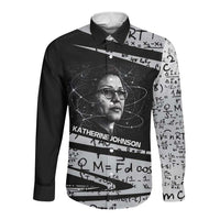 Katherine Johnson Long Sleeve Button Shirt with Orbital Space Portrait, Historic NASA Launch Dates and Physics - Wonder Print Shop