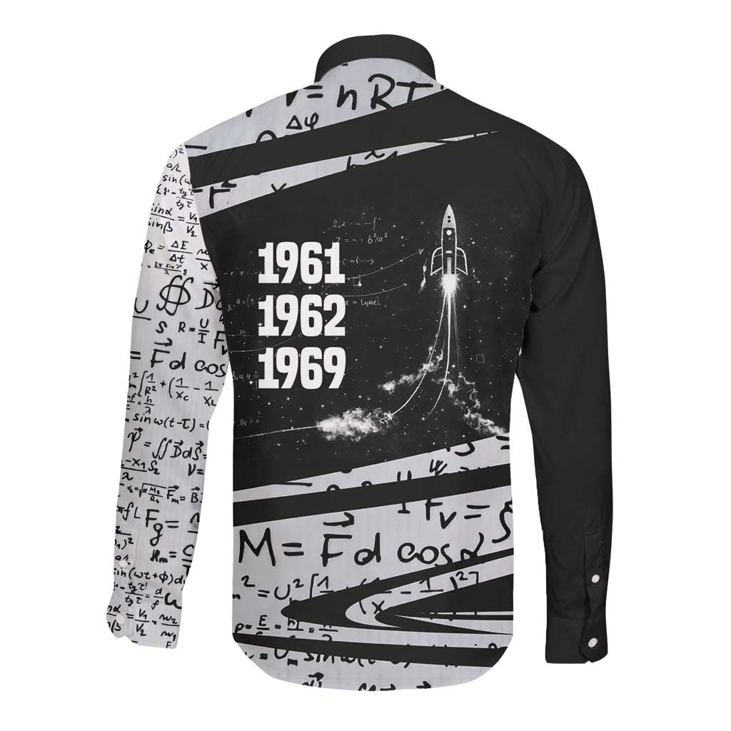 Katherine Johnson Long Sleeve Button Shirt with Orbital Space Portrait, Historic NASA Launch Dates and Physics - Wonder Print Shop