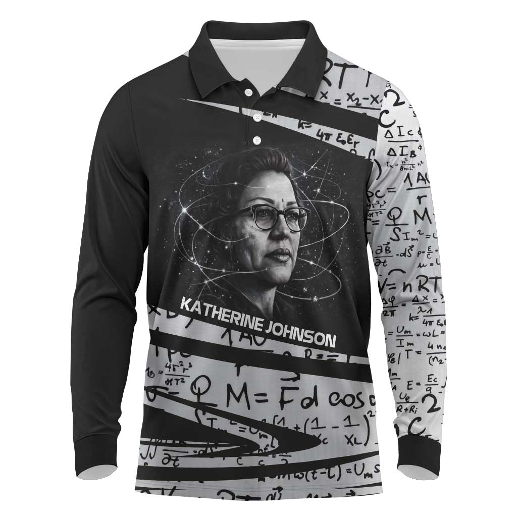 Katherine Johnson Long Sleeve Polo Shirt with Orbital Space Portrait, Historic NASA Launch Dates and Physics - Wonder Print Shop
