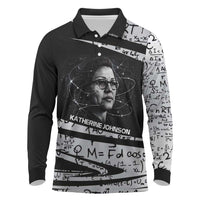 Katherine Johnson Long Sleeve Polo Shirt with Orbital Space Portrait, Historic NASA Launch Dates and Physics - Wonder Print Shop