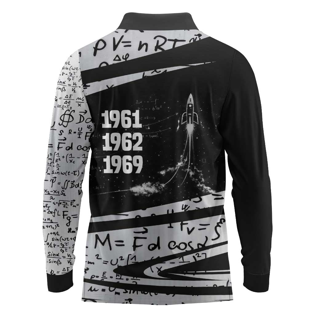 Katherine Johnson Long Sleeve Polo Shirt with Orbital Space Portrait, Historic NASA Launch Dates and Physics - Wonder Print Shop