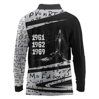 Katherine Johnson Long Sleeve Polo Shirt with Orbital Space Portrait, Historic NASA Launch Dates and Physics - Wonder Print Shop