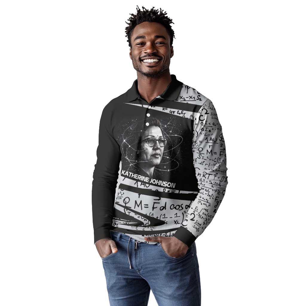 Katherine Johnson Long Sleeve Polo Shirt with Orbital Space Portrait, Historic NASA Launch Dates and Physics - Wonder Print Shop