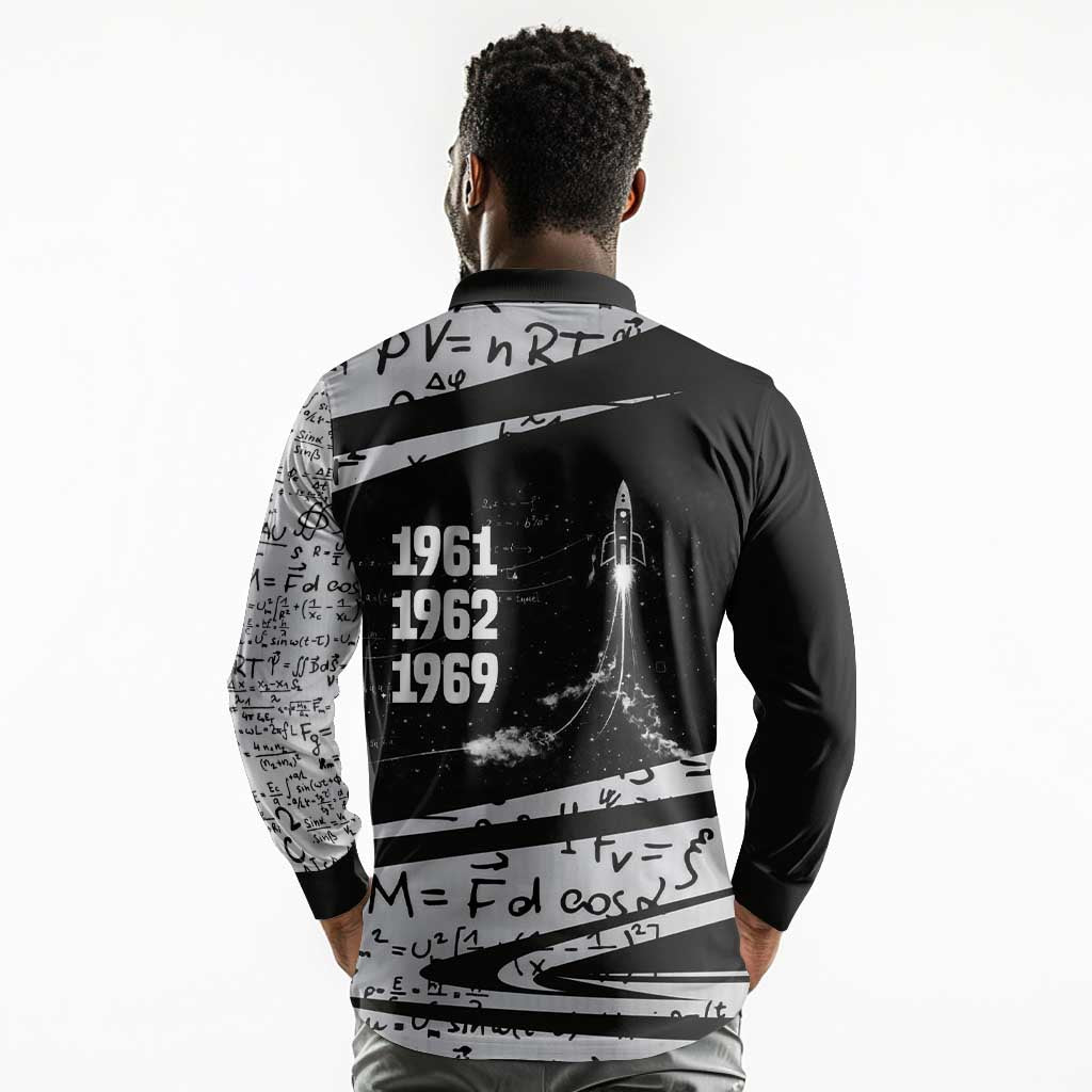Katherine Johnson Long Sleeve Polo Shirt with Orbital Space Portrait, Historic NASA Launch Dates and Physics - Wonder Print Shop