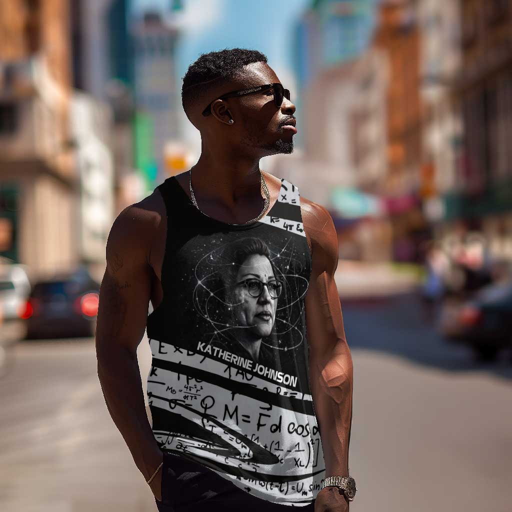 Katherine Johnson Men Tank Top with Orbital Space Portrait, Historic NASA Launch Dates and Physics - Wonder Print Shop