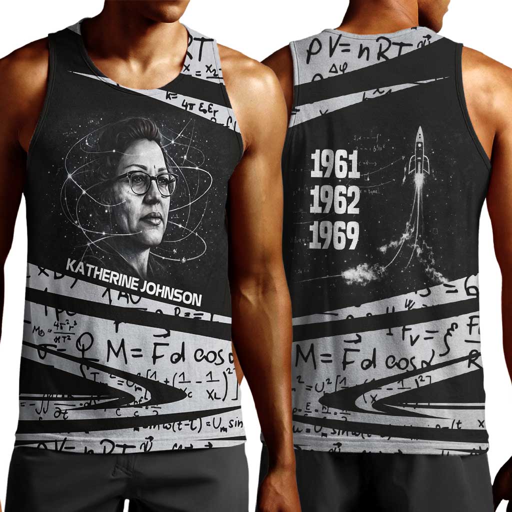 Katherine Johnson Men Tank Top with Orbital Space Portrait, Historic NASA Launch Dates and Physics - Wonder Print Shop
