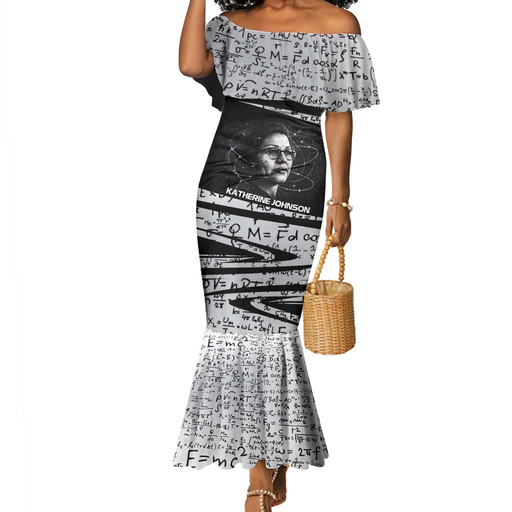 Katherine Johnson Mermaid Dress with Orbital Space Portrait, Historic NASA Launch Dates and Physics - Wonder Print Shop