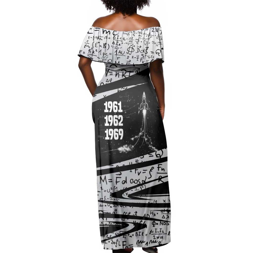 Katherine Johnson Off Shoulder Maxi Dress with Orbital Space Portrait, Historic NASA Launch Dates and Physics - Wonder Print Shop