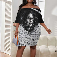 Katherine Johnson Off Shoulder Short Dress with Orbital Space Portrait, Historic NASA Launch Dates and Physics - Wonder Print Shop