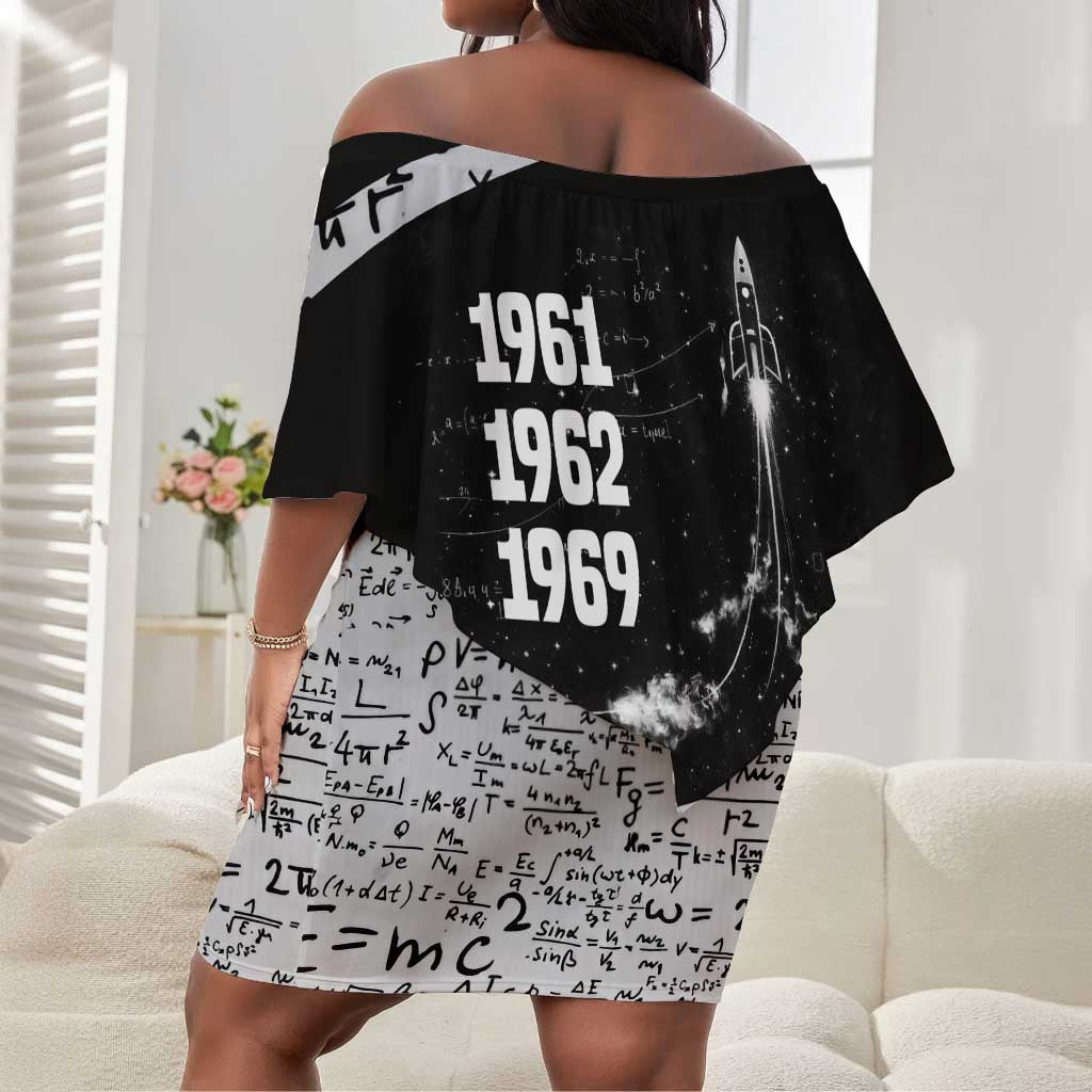 Katherine Johnson Off Shoulder Short Dress with Orbital Space Portrait, Historic NASA Launch Dates and Physics - Wonder Print Shop