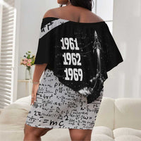 Katherine Johnson Off Shoulder Short Dress with Orbital Space Portrait, Historic NASA Launch Dates and Physics - Wonder Print Shop