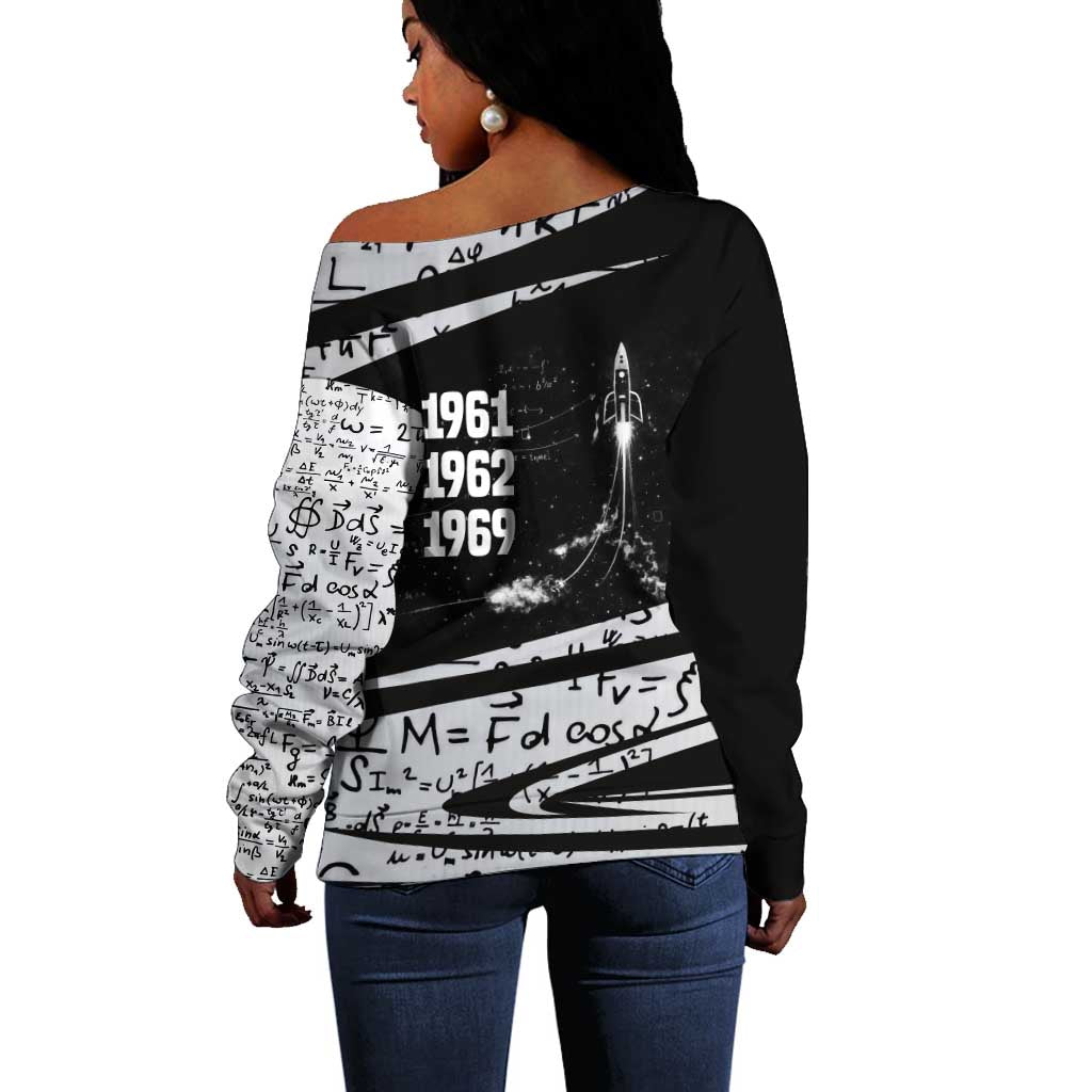 Katherine Johnson Off Shoulder Sweater with Orbital Space Portrait, Historic NASA Launch Dates and Physics - Wonder Print Shop