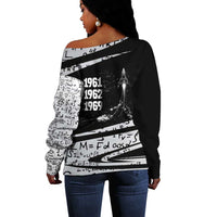 Katherine Johnson Off Shoulder Sweater with Orbital Space Portrait, Historic NASA Launch Dates and Physics - Wonder Print Shop