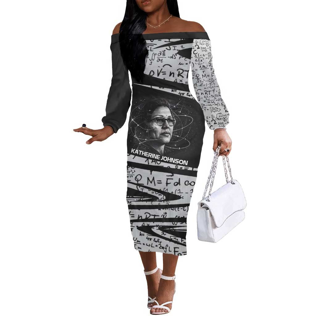 Katherine Johnson Off The Shoulder Long Sleeve Dress with Orbital Space Portrait, Historic NASA Launch Dates and Physics - Wonder Print Shop