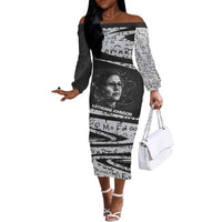 Katherine Johnson Off The Shoulder Long Sleeve Dress with Orbital Space Portrait, Historic NASA Launch Dates and Physics - Wonder Print Shop