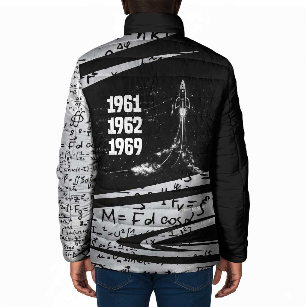 Katherine Johnson Padded Jacket with Orbital Space Portrait, Historic NASA Launch Dates and Physics - Wonder Print Shop