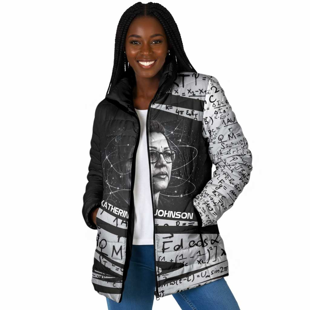 Katherine Johnson Padded Jacket with Orbital Space Portrait, Historic NASA Launch Dates and Physics - Wonder Print Shop