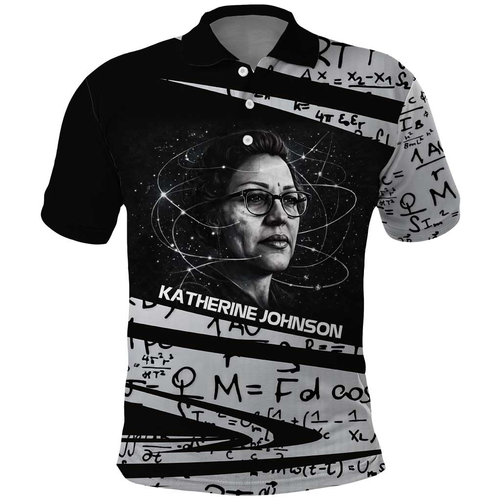 Katherine Johnson Polo Shirt with Orbital Space Portrait, Historic NASA Launch Dates and Physics - Wonder Print Shop