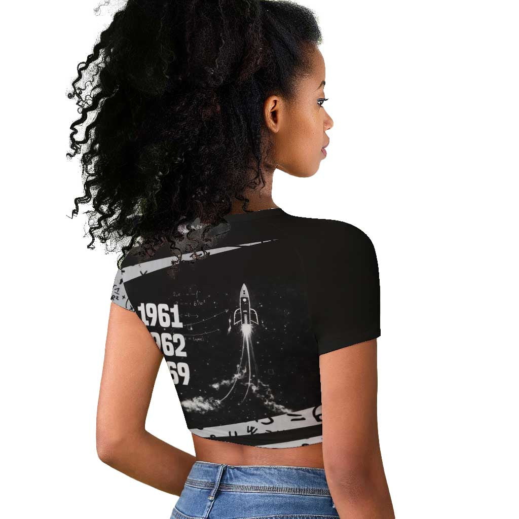 Katherine Johnson Raglan Cropped T shirt with Orbital Space Portrait, Historic NASA Launch Dates and Physics - Wonder Print Shop