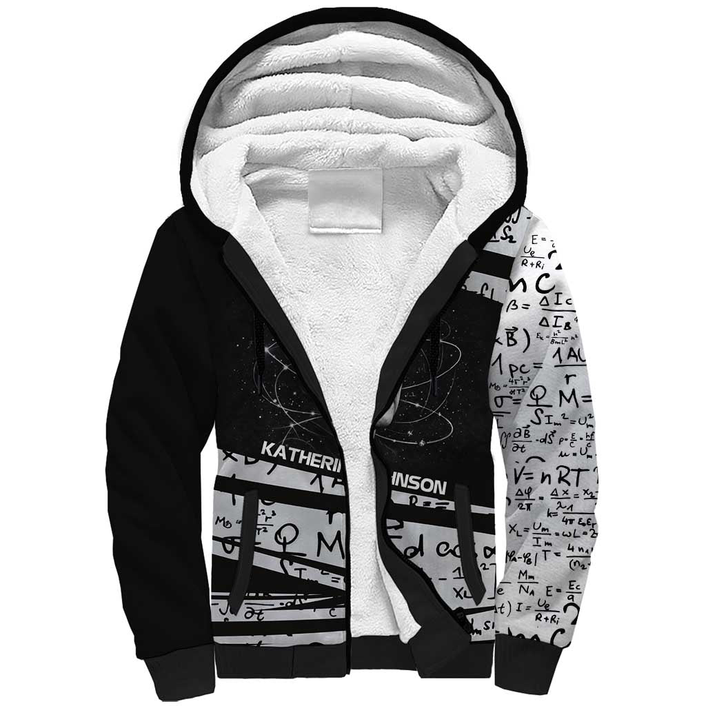 Katherine Johnson Sherpa Hoodie with Orbital Space Portrait, Historic NASA Launch Dates and Physics - Wonder Print Shop