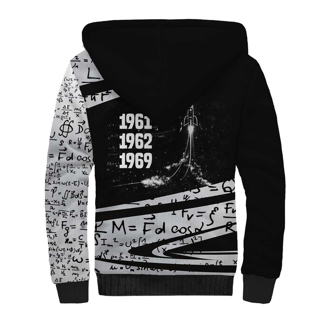 Katherine Johnson Sherpa Hoodie with Orbital Space Portrait, Historic NASA Launch Dates and Physics - Wonder Print Shop