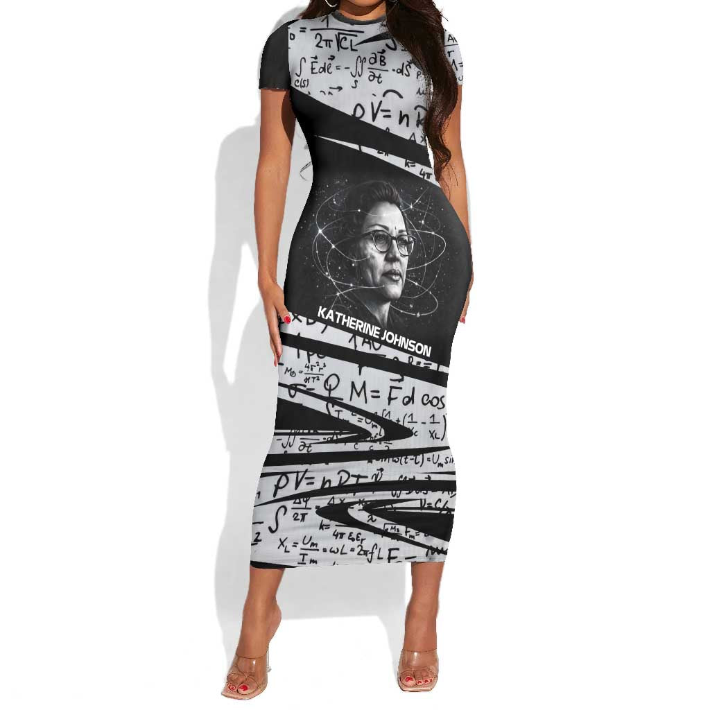 Katherine Johnson Short Sleeve Bodycon Dress with Orbital Space Portrait, Historic NASA Launch Dates and Physics - Wonder Print Shop