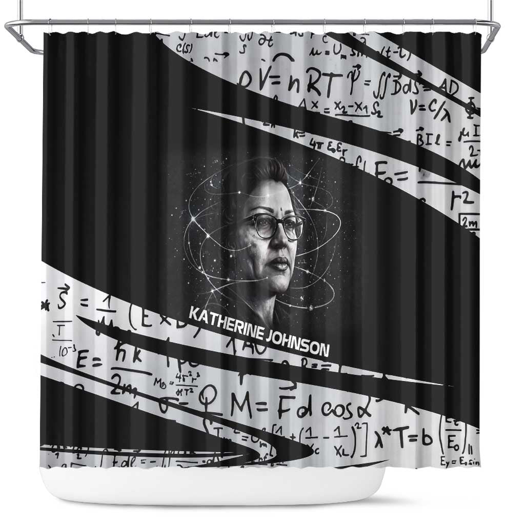 Katherine Johnson Shower Curtain with Orbital Space Portrait, Historic NASA Launch Dates and Physics - Wonder Print Shop