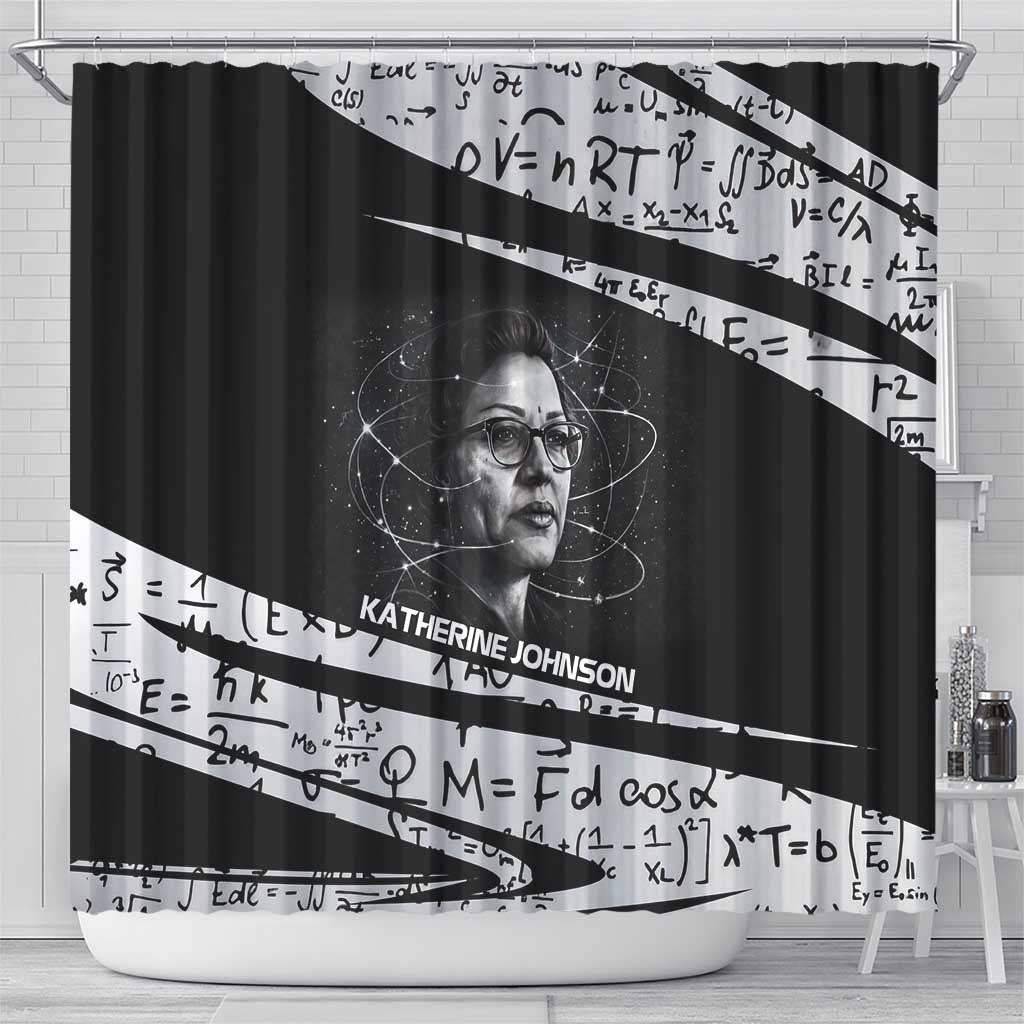 Katherine Johnson Shower Curtain with Orbital Space Portrait, Historic NASA Launch Dates and Physics - Wonder Print Shop