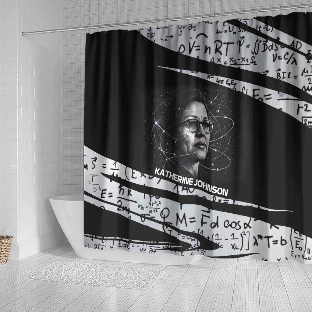 Katherine Johnson Shower Curtain with Orbital Space Portrait, Historic NASA Launch Dates and Physics - Wonder Print Shop