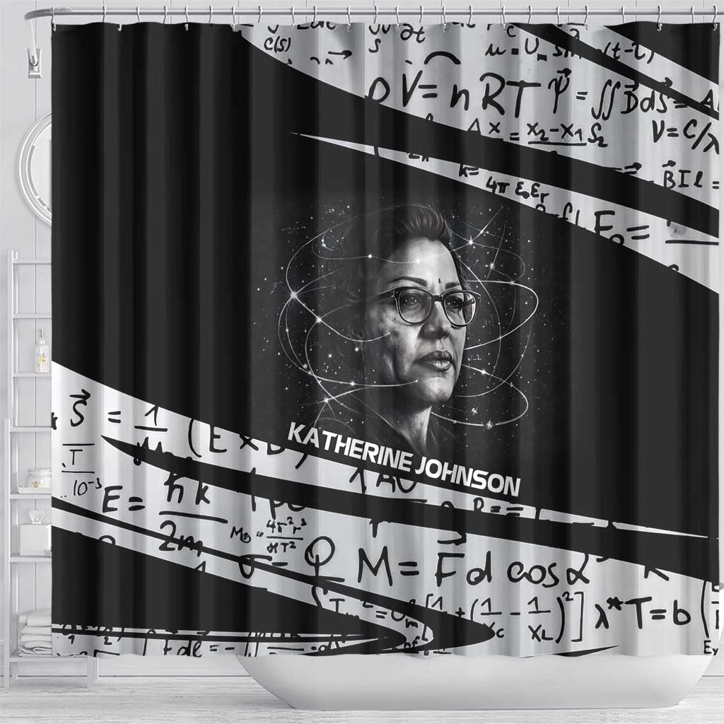 Katherine Johnson Shower Curtain with Orbital Space Portrait, Historic NASA Launch Dates and Physics - Wonder Print Shop