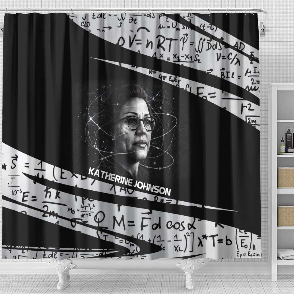 Katherine Johnson Shower Curtain with Orbital Space Portrait, Historic NASA Launch Dates and Physics - Wonder Print Shop