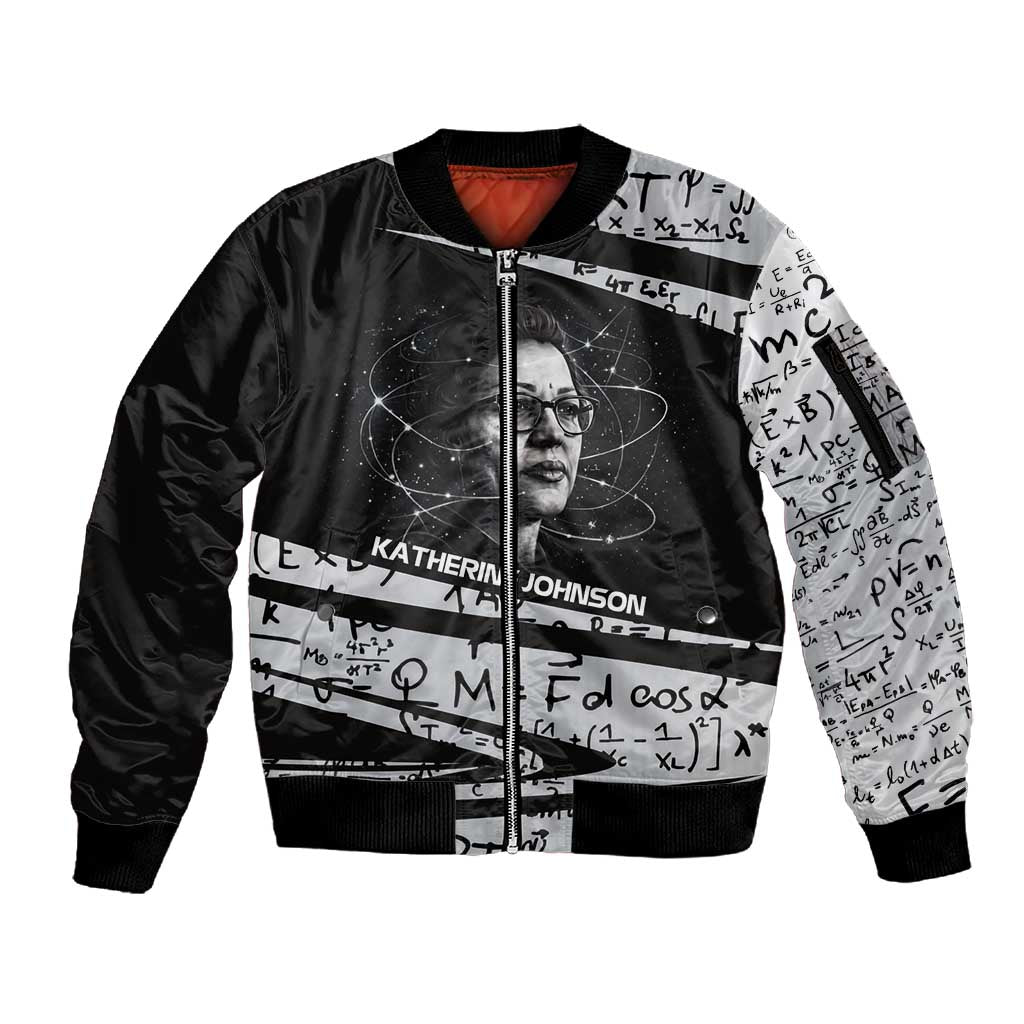 Katherine Johnson Sleeve Zip Bomber Jacket with Orbital Space Portrait, Historic NASA Launch Dates and Physics - Wonder Print Shop