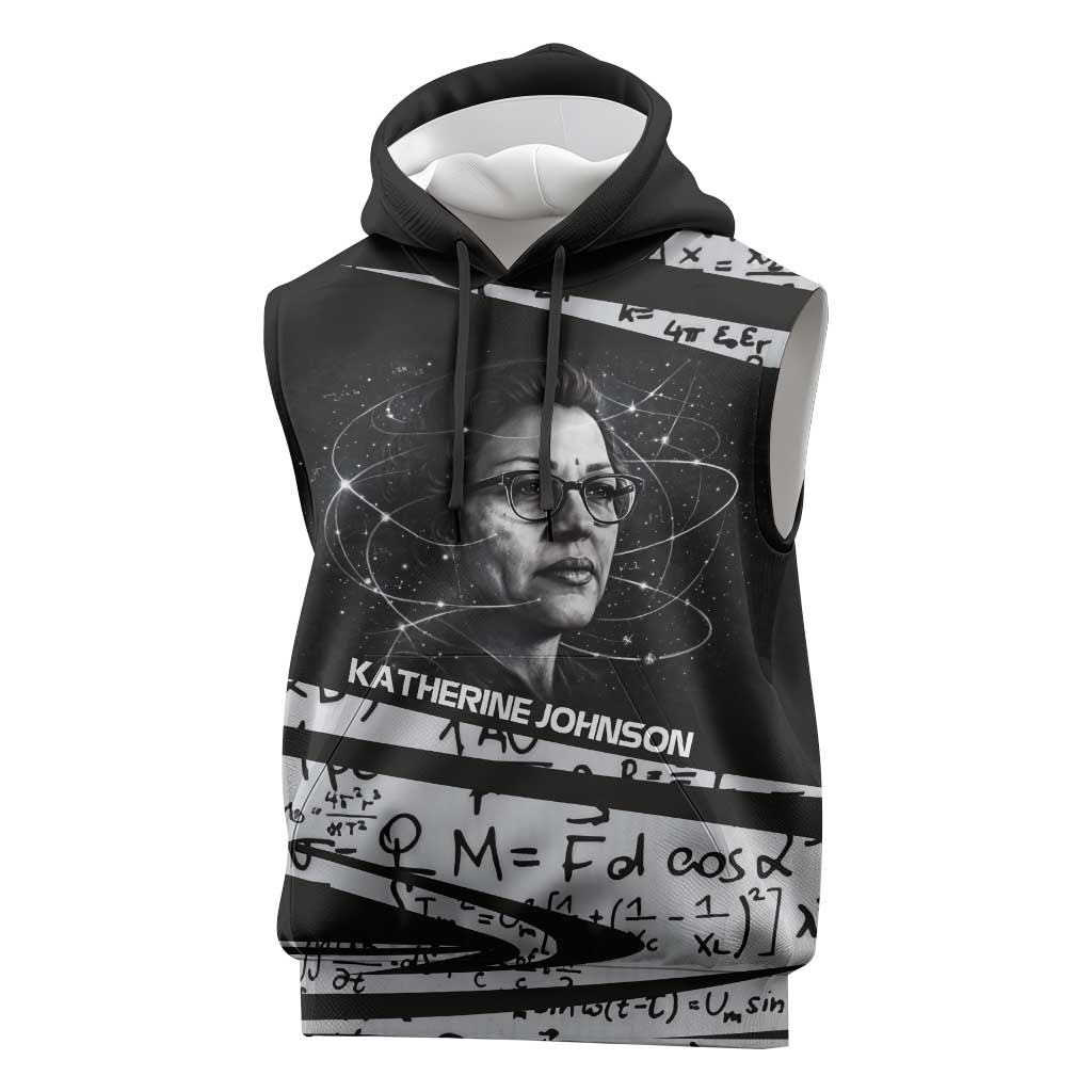Katherine Johnson Sleeveless Hoodie with Orbital Space Portrait, Historic NASA Launch Dates and Physics - Wonder Print Shop