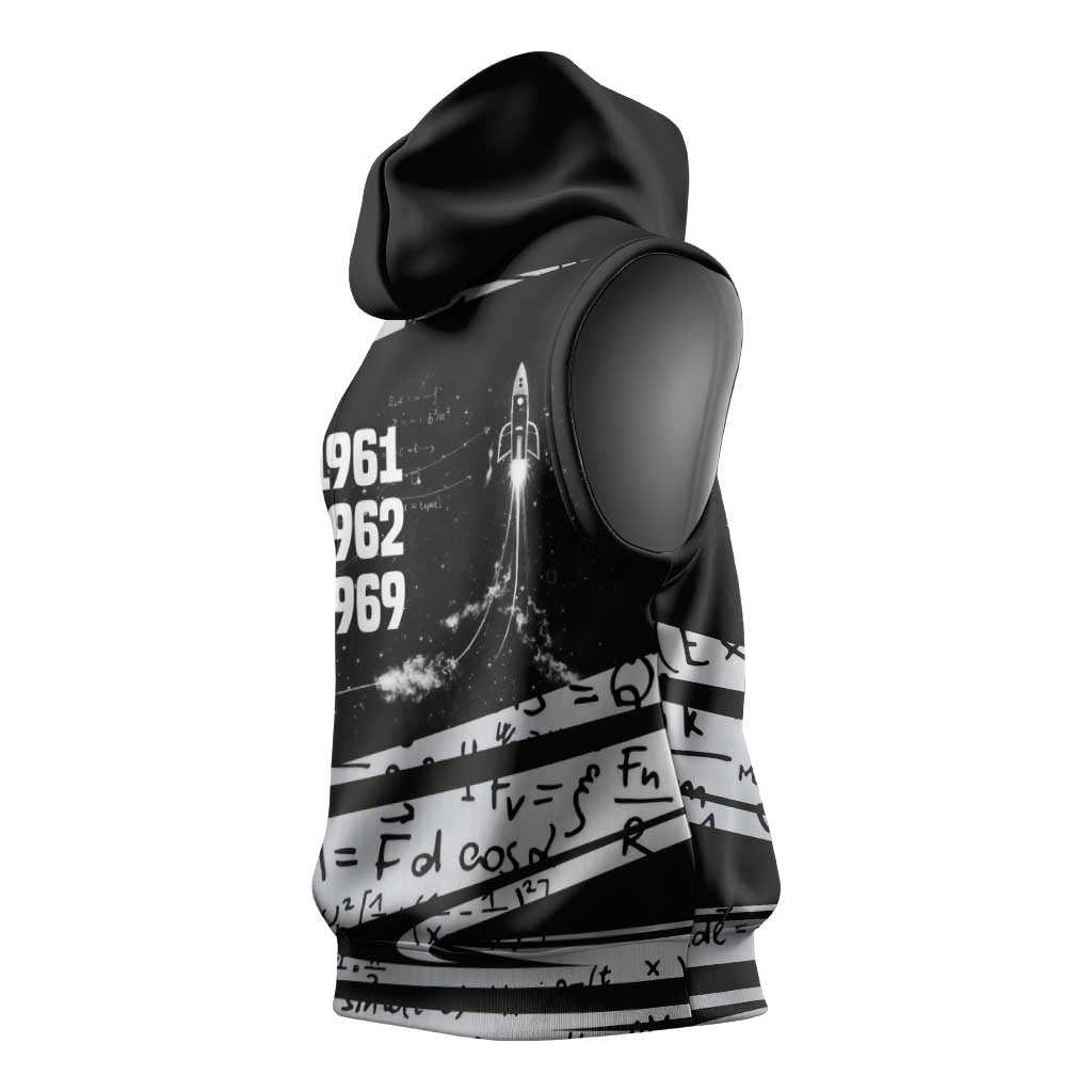 Katherine Johnson Sleeveless Hoodie with Orbital Space Portrait, Historic NASA Launch Dates and Physics - Wonder Print Shop