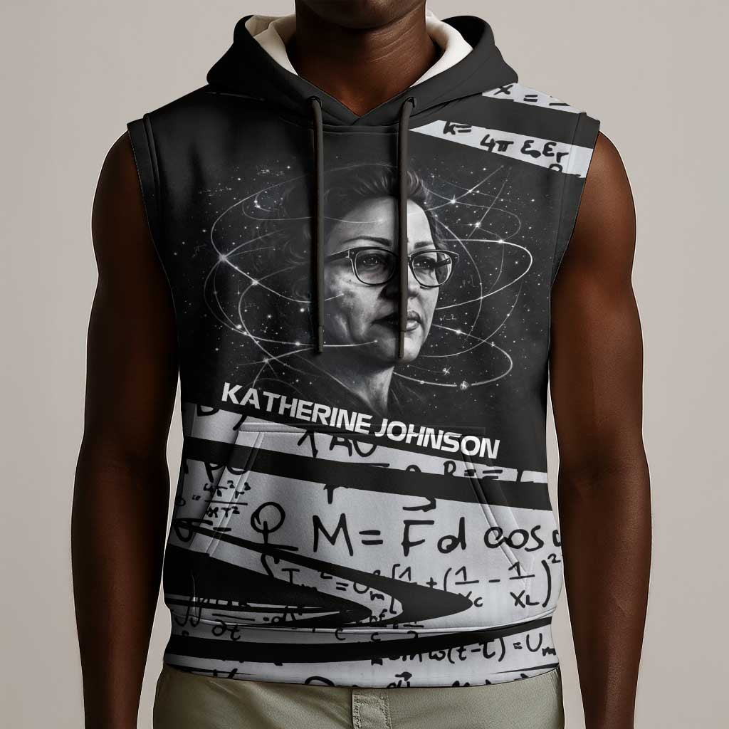 Katherine Johnson Sleeveless Hoodie with Orbital Space Portrait, Historic NASA Launch Dates and Physics - Wonder Print Shop